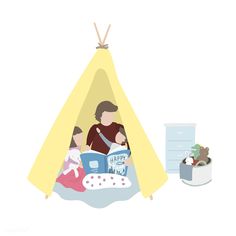 a woman and child are sitting in a teepee reading a story to each other