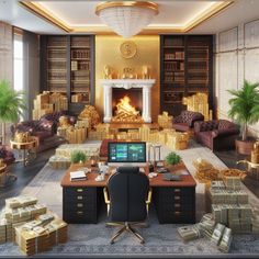 a computer desk surrounded by stacks of gold boxes and golden gifts in front of a fireplace