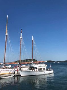 two boats are docked in the water near each other and one is white with brown masts