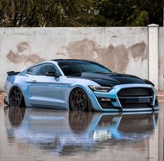 a blue ford mustang parked in front of a white wall with black stripes on it