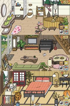 an illustrated view of a living room with furniture and plants on the floor in it