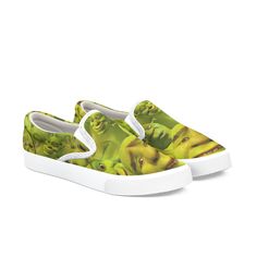 Durable 82% polyester, 18% cotton material blend. Classic slip-on silhouette with a rubber sole for dependable traction. Dye sublimation heat transfer print. Removable in-sole. Standard widths, B for women and D for men. Machine wash cold and air dry. Shrek Shoes, Crazy Faces, Ugly Shoes, Cool Shoes, Shrek, Dye Sublimation, Shoes Shoes, Air Dry, Heat Transfer