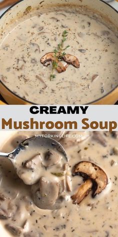 creamy mushroom soup in a yellow bowl with a spoon on the side and an image of mushrooms