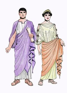 two men dressed in ancient greek clothing, one wearing a purple dress and the other white