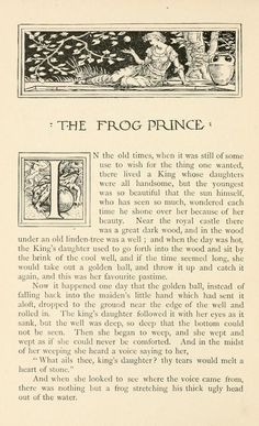 an old book page with pictures and text on it, the frog prince is written in black ink