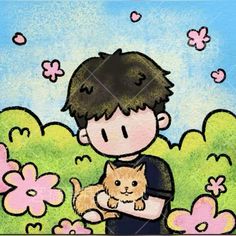 a drawing of a boy holding a cat in a field with flowers and butterflies around him