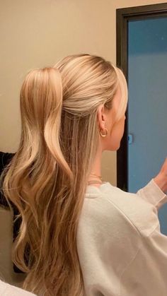 not mine Half Up Half Down Hair Pictures, Feminine Ponytail, Hairstyle Aesthetic Girl, Curling Wand, Peinados Fáciles Para Cabello Corto, Hair Stylies, Bouncy Curls, Hair Stylist Life, Easy Hairstyles For Long Hair