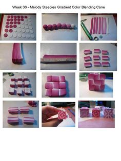 the instructions for making pink and white candys are shown in several different pictures, including one