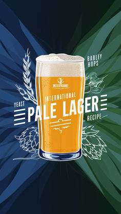 a glass of beer with the words pale lager written in white and green lettering