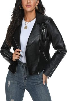 Fahsyee Women's Leather Jackets, Faux Motorcycle Plus Size Moto Biker Coat Short Lightweight Vegan Pleather Fashion, Black, XL at Amazon Women's Coats Shop Faux Leather Jacket Women, Stile Casual Chic, Leather Outfits Women, Pleather Jacket, Biker Coat, Lightweight Blazer, Jacket Outfit, Raincoats For Women, Style Noir