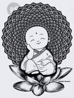 a black and white drawing of a baby sitting on top of a lotus flower with an umbrella