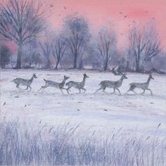 a group of deer running across a snow covered field with trees and birds in the background