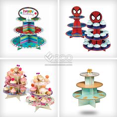 four tiered cakes and cupcakes are shown in three different images, each decorated with spiderman decorations