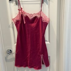 New Victoria Secrets Lingerie Burgundy Silk With Pink Lace Trim With Adjustable Straps. Size Large. Never Worn Been Sitting In A Box, Even Has Tag Still Attached. Measurement Is Approx. Smoke Free And Pet Free Home. Measurements Are Approx Victoria Secrets Angels, Sleepy Clothes, 5 Aesthetic, Vintage Victoria Secret, Secret Dress, Black Slip Dress, Cute Lingerie, Victoria Secret Lingerie, Victoria Secrets