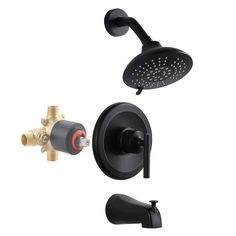 the shower faucet is shown in black and gold