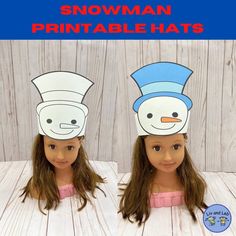 two snowman printable hats are shown on top of a doll's head