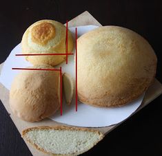 three different types of bread on top of a white plate with red lines around it