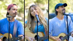 three different pictures of a man and woman singing into microphones while playing the guitar