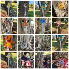 a collage of photos showing various activities in the park, including playing with toys