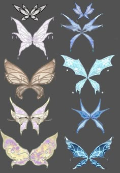 six different colored butterfly shapes on a black background, each with one wing extended to the other