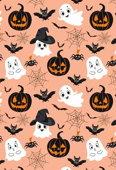 halloween seamless pattern with pumpkins and ghost faces on pink background illustration by michael whele