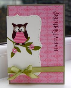 a pink and white birthday card with an owl sitting on a branch in front of a window