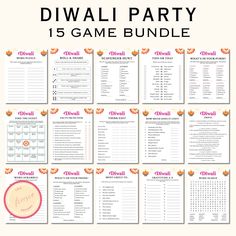 the printable diwal party game bundle is shown in orange and white with text that reads