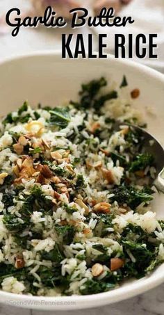 a white bowl filled with rice and spinach