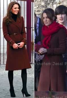 two pictures of the same woman in brown coat and red scarf, one is wearing black boots