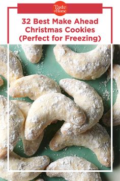 homemade christmas cookies with powdered sugar on top and the words, 32 best make - ahead christmas cookies perfect for freezing