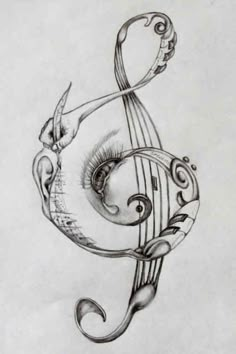 a pencil drawing of a musical note with an eye and bird on it's side