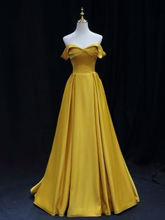 Gold Satin Prom Dress, Prom Dress Yellow, Satin Prom Dress Long, Simple Party Dress, Satin Long Prom Dress, Simple Satin, Satin Formal Dress, Off Shoulder Evening Dress, Prom Dresses Simple