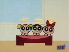 three cartoon characters sitting on a bed in front of a window with the word'3 u'above them