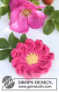 pink crocheted flower with green leaves on white surface next to red flowers and text drops design