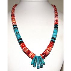 Awesome! Amazing! Our latest arrival. Santo Domingo Kingman Turquoise Red Spiny Heishi Necklace Lupe Lovato at $399.00. Turquoise Jewelry Necklace, Native Necklace, Spiny Oyster Turquoise, Spiny Oyster Jewelry, Oyster Turquoise, Heishi Necklace, Beaded Necklace Patterns, Necklace Patterns, Beadwork Patterns