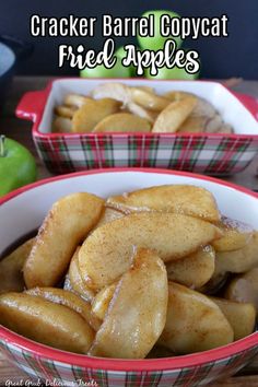 cracker barrel copycat fried apples in red and white bowl with green apple next to it