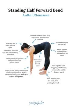 a woman doing yoga poses with the words standing half forward bend