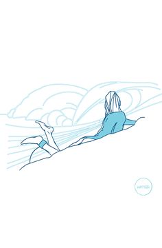 a drawing of a woman laying on her back in the ocean with waves behind her