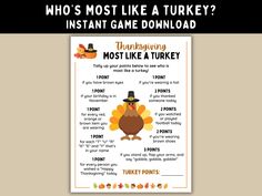 a thanksgiving turkey game with the words who's most like a turkey? instant game