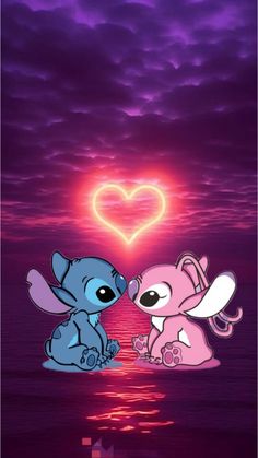 two cartoon characters sitting next to each other in front of a heart shaped sky with clouds