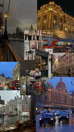 the collage shows many different buildings and cars on the street in london, england