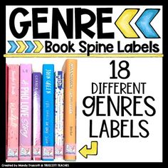 some books are stacked on top of each other with the words gene book spin labels