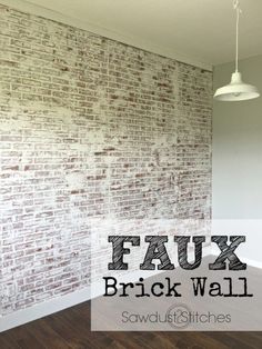 a brick wall with the words faux brick wall in black and white overlays