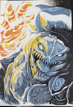 a drawing of a dragon with flames coming out of it's mouth