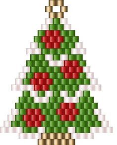 a cross stitch christmas tree with red and green ornaments on it's base, in front of a white background