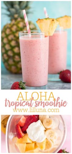 three different shots of fruit smoothie with strawberries, bananas and pineapples