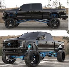 two pictures of the front and rear sides of a black pickup truck with blue accents