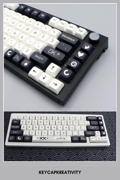 the keyboard is black and white in color, with keycaps on each side