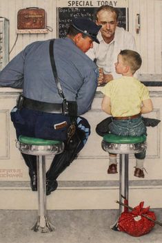 a drawing of a man sitting at a counter with a little boy in front of him