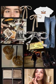 a collage of photos including shoes, jeans and pictures